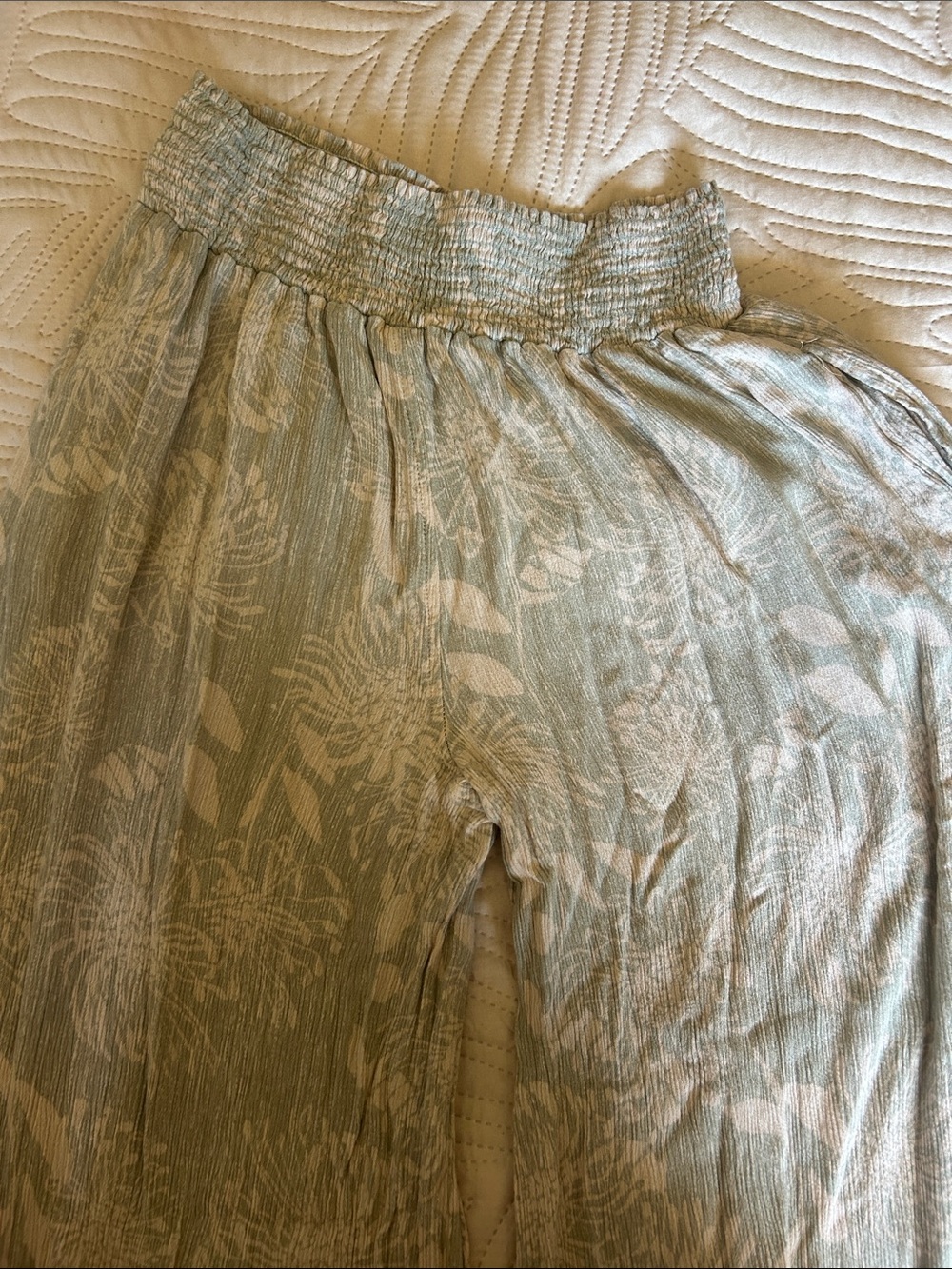 mahina Light Sage Floral Smocked-Waist Joggers